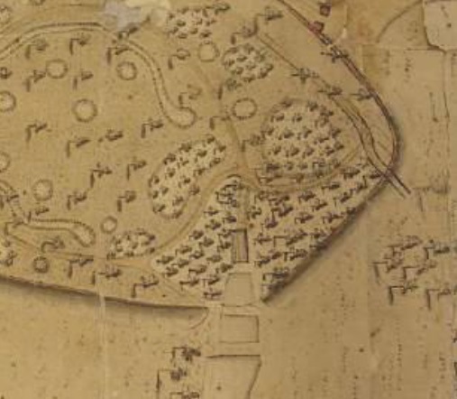 A detailed vintage map depicting a park or garden area with various pathways, clusters of trees, and structures. The map features intricate drawings of trees, walkways, and what appears to be an entrance or gateway at the bottom center.