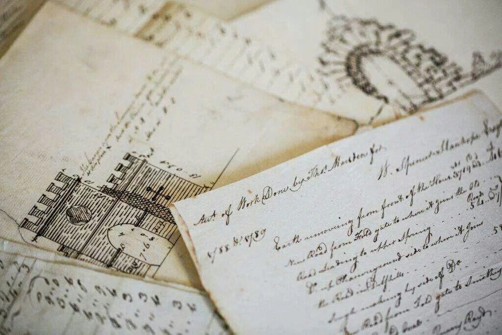 A collection of old, handwritten letters and architectural sketches scattered over a surface. The letters contain cursive writing, and the sketches depict detailed images of buildings and structures. The paper appears aged and yellowed.