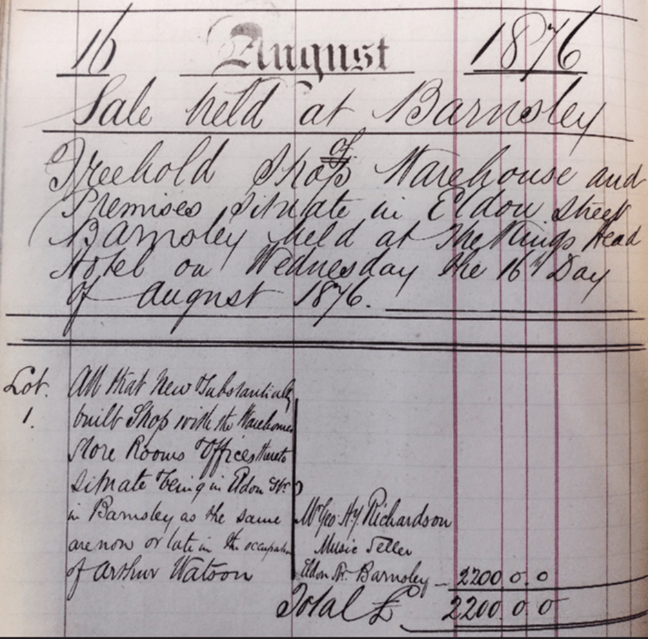 Handwritten ledger entry dated 16th August 1876 detailing the sale of Freehold Property, Warehouse, and Premises at Barnsley held at the King's Head. Lot 1 includes the sale price and purchaser information, with a total sale amount noted at the bottom.