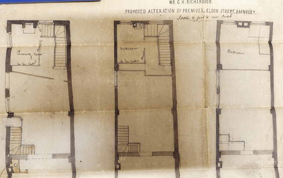 Floor plans titled "Proposed Alteration of Premises, Eldon Street, Barnsley." The diagrams show ground and upper floors with labelled areas such as "Bedroom" and "Parlour." Connected rooms and staircases are depicted, with penned notations and measurements.