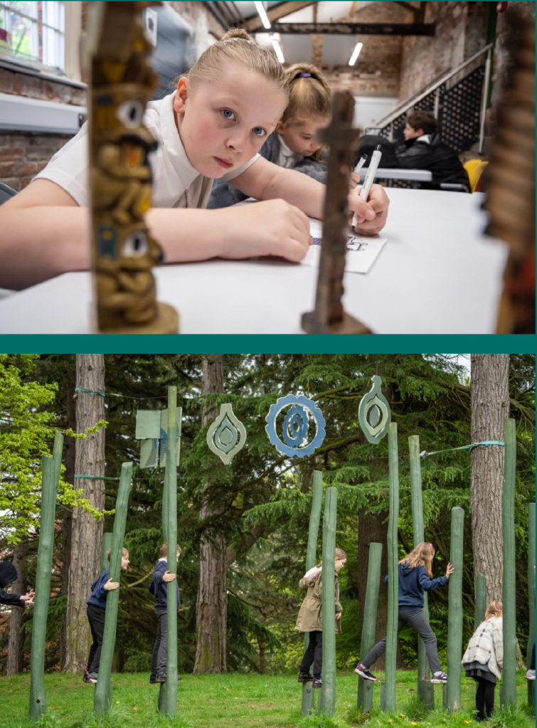 Top: A focused child seated at a table in a classroom, drawing on paper, with an ornately carved wooden figure in the foreground. Bottom: Children in an outdoor playground climbing green vertical poles, with decorative wooden ornaments hanging between tall trees.