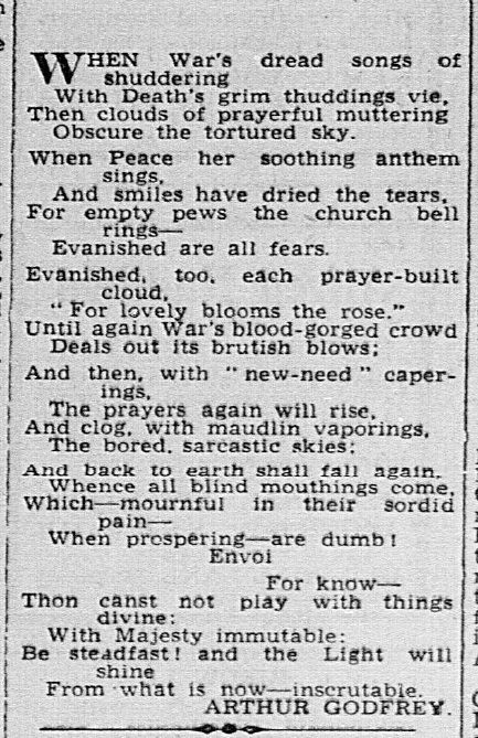 A newspaper clipping featuring a poem by Arthur Godfrey about the contrast between war and peace. The poem reflects on the somber effects of war and the hopeful tranquility brought by peace.