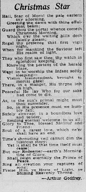 A newspaper clipping featuring a poem titled "Christmas Star" by Arthur Godfrey. The poem talks about the beauty and significance of the Christmas star and reflects on themes of peace and divine presence.