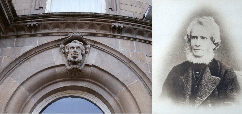 The image shows a stone building with an ornate carved face above an arched window on the left. On the right, there is an old sepia-toned photograph of a man with white hair and a bushy beard, wearing a coat.