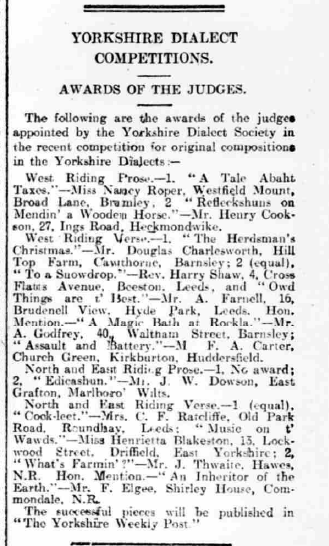 Black and white newspaper clipping titled "Yorkshire Dialect Competitions. Awards of the Judges." Lists winners of prose and verse categories, mentioning names, titles, and locations in Yorkshire, like West Riding, Barnsley, and Bradford.