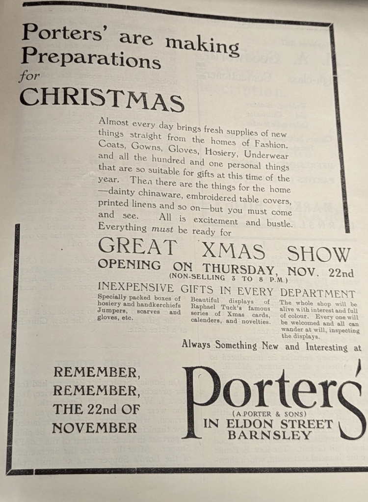 A vintage advertisement for A. Porter & Sons in Barnsley showcases a multi-story building. The image details various departments like drapery, costumes, and glassware, and includes business hours and luncheon times. A horse-drawn carriage is seen outside.