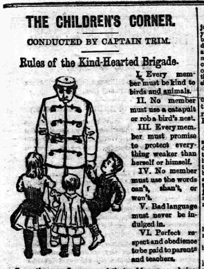 Vintage newspaper illustration titled "The Children's Corner" features "Rules of the Kind-Hearted Brigade," depicting a man in uniform addressing four children. The rules promote kindness to animals and polite behavior.