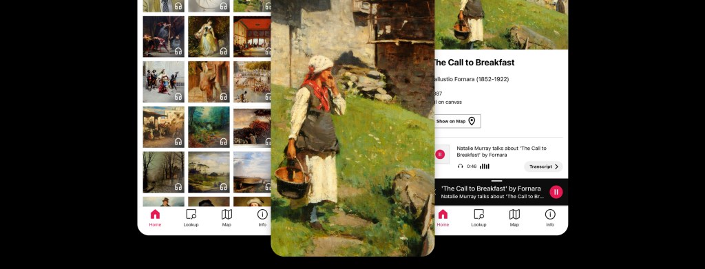 A digital artwork display shows a painting of a woman in traditional attire carrying a basket, with sheep in the background. The screen is part of a mobile app interface, featuring art images and informational text about "The Call to Breakfast" by Fornara.