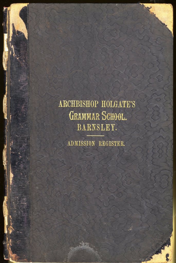 Cover of the Archbishop Holgate's Grammar School Admission Register, featuring black textured material and embossed gold lettering.