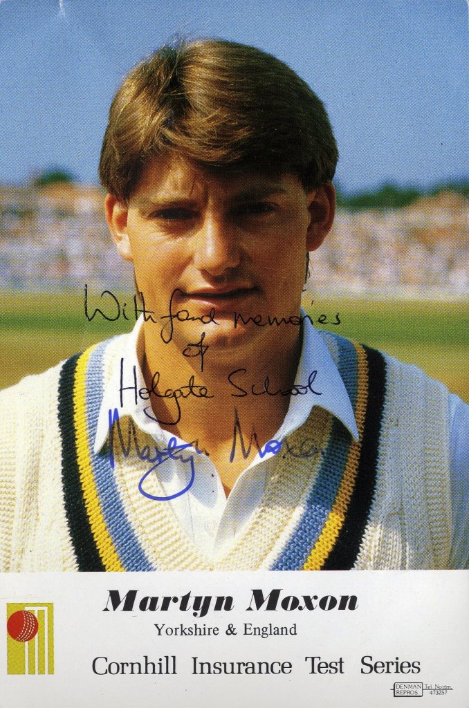 A signed photograph of cricketer Martyn Moxon, featuring a message with fond memories of Holgate School.