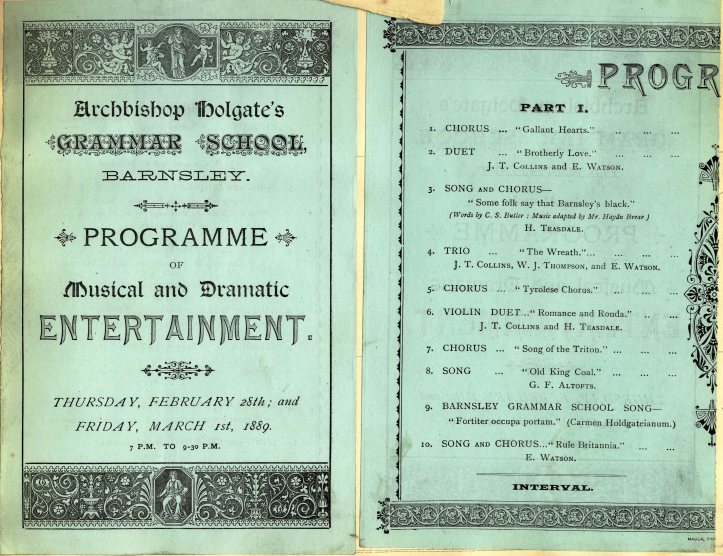 A vintage program for Archbishop Holgate's Grammar School entertainment. It features a list of musical and dramatic performances scheduled for February 28th and March 1st, 1889, including choirs, songs, and violin duets.