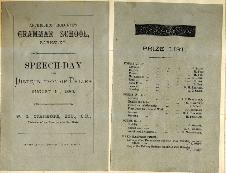 Old program from "Archbishop Holgate's Grammar School, Barnet" detailing a speech day and prize list. The event is on August 1st, 1902, mentioning W.A. Brampton. Includes names and prize categories on the right page.