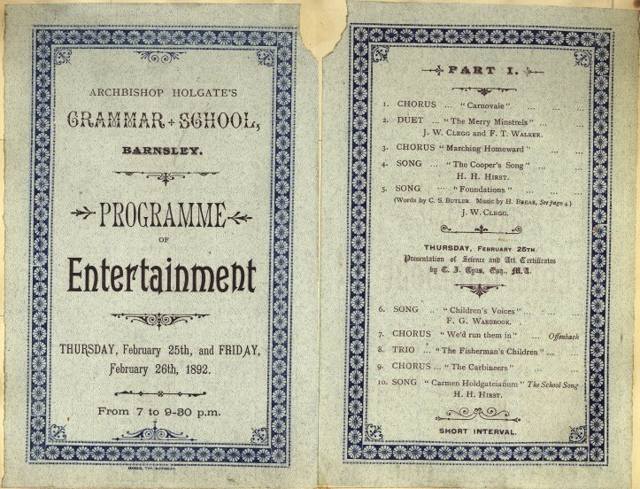 Vintage program cover for Archbishop Holgate's Grammar School entertainment event, Barnsley, dated February 22nd and 23rd, 1892. The design features ornate borders and lists various performances with composers' names.