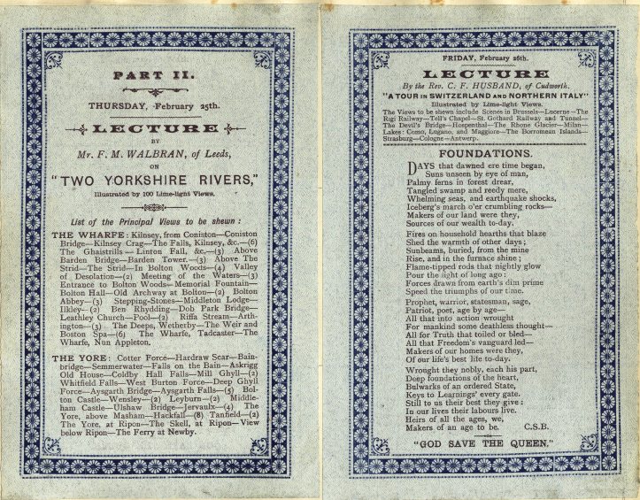 A vintage flyer with ornate blue borders advertising a lecture titled "Two Yorkshire Rivers" by F.P. Walbank. The right side lists another lecture by Dr. G.E. Alderson. The text is framed within decorative patterns.