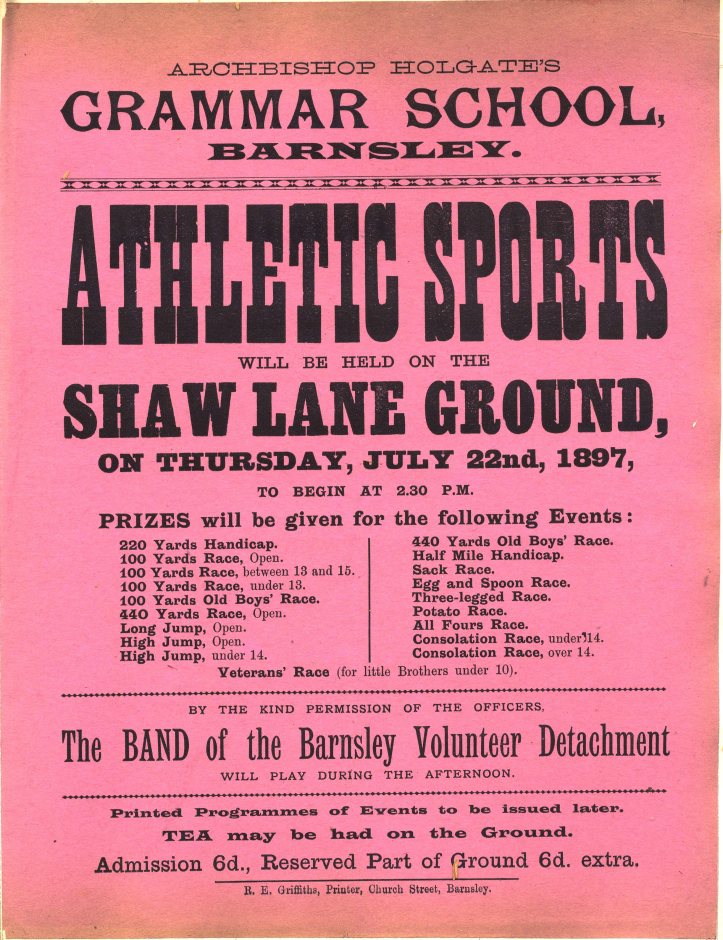 Pink poster for Archbishop Holgate's Grammar School athletic sports event on July 22, 1897, at Shaw Lane Ground. Lists various races and events with prizes. Features a notice about the band performance and admission details.
