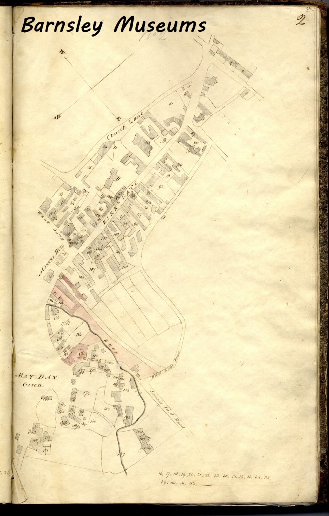 An historical hand-drawn map of Barnsley, showcasing streets and buildings from the 1800s, with annotations including 'May Day Green' and 'Church Lane'.