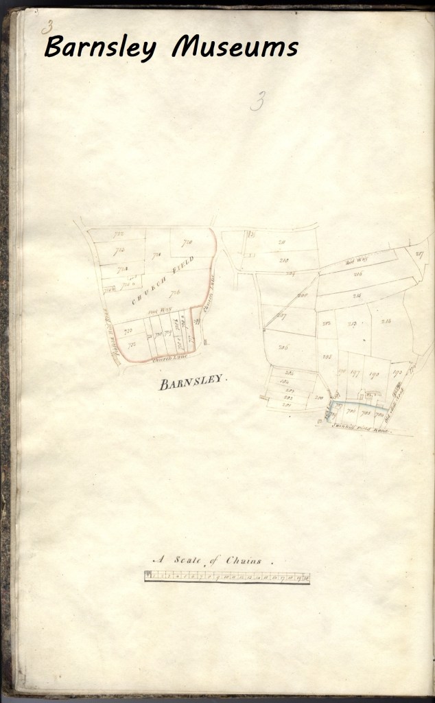 A hand-drawn map of Barnsley with details of land parcels and a scale of chains, created in the 1800s.