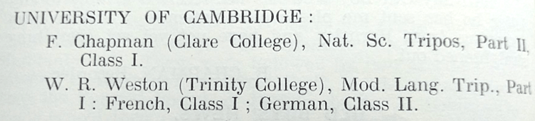 University of Cambridge results listing Walter R. Weston with achievements in Modern Languages, including French and German.