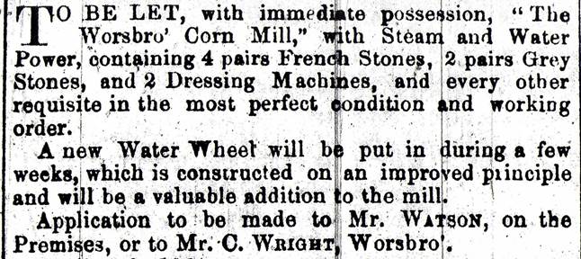Advert for Worsbrough Corn Mill offering rental with steam and water power, detailing equipment included.