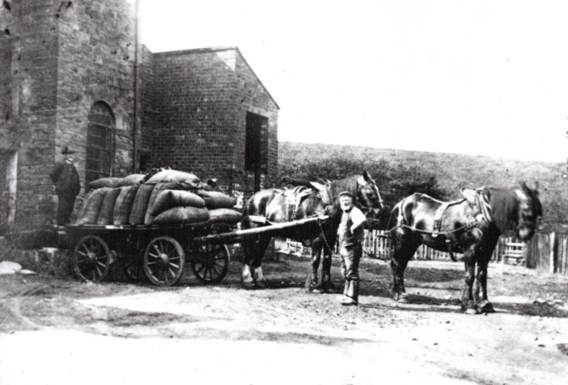 Historic image of a young boy standing beside a cart loaded with bags, pulled by two horses, near a building.
