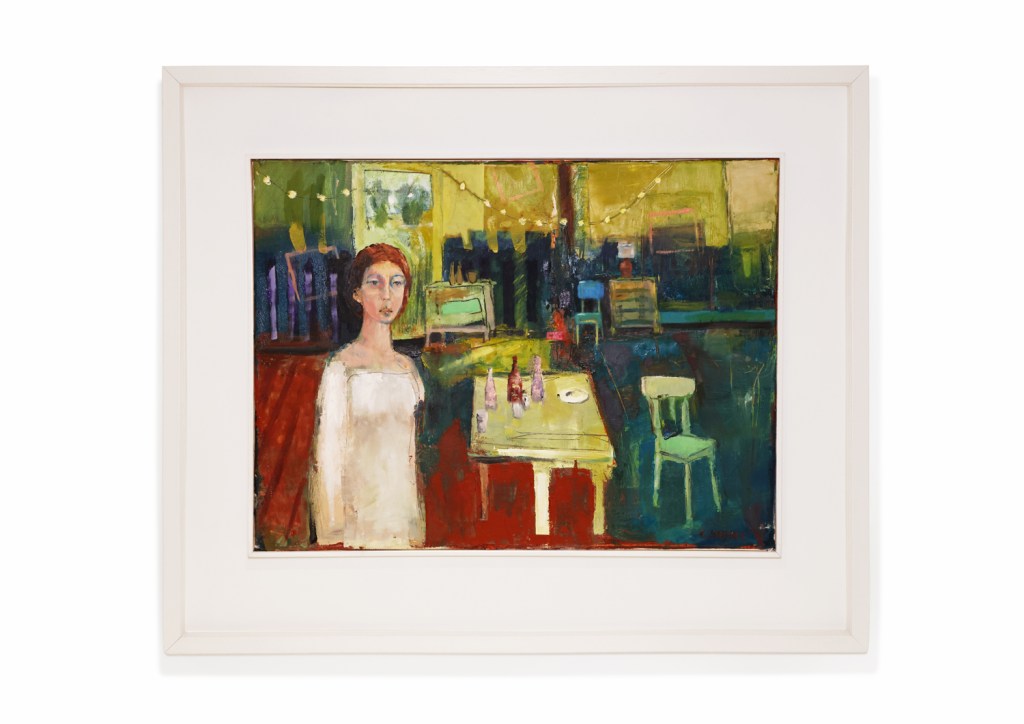A vibrant painting featuring a woman standing in an interior space with a table and chairs. The background is filled with abstract colors and shapes, creating a sense of depth and atmosphere.