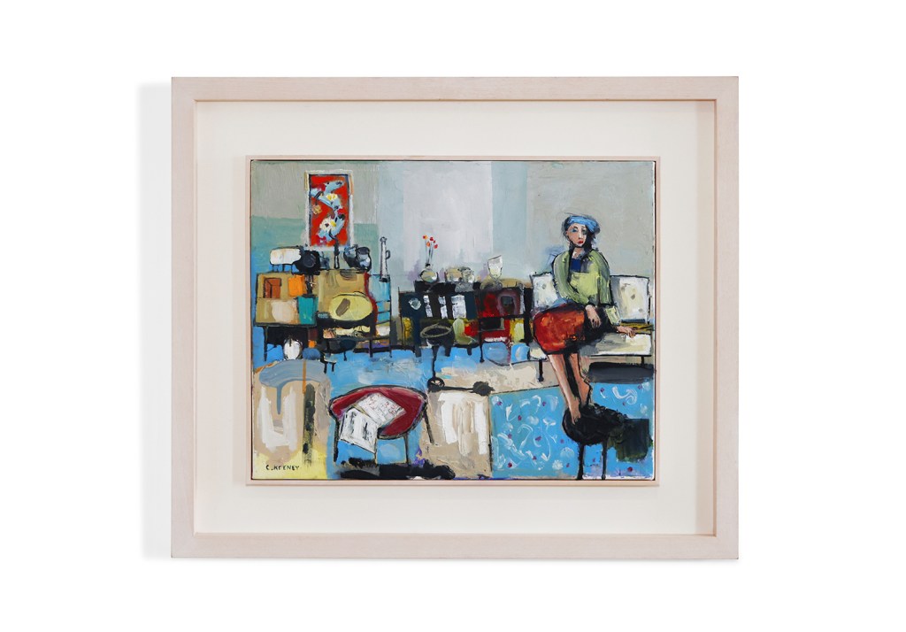 A framed painting by Christy Keeney depicting a woman seated in a room filled with various furniture and colorful decor, showcasing a blend of abstraction and figurative elements.