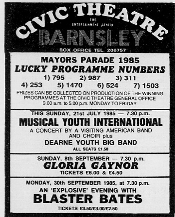 A newspaper clipping from the Civic Theatre in Barnsley advertising events related to the Mayor's Parade 1985, including program numbers and upcoming concerts.