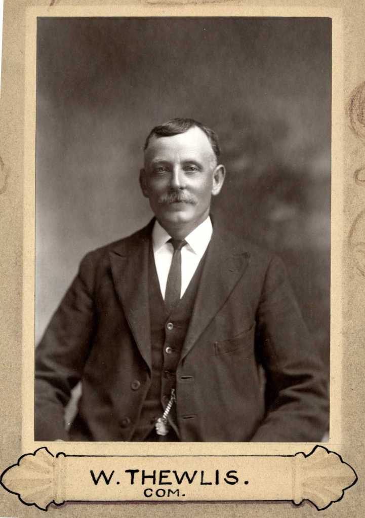 Portrait of W. Thewlis, dressed in formal attire with a waistcoat and tie, captured in a vintage photograph.
