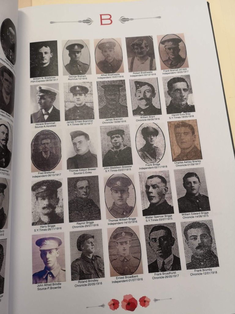 A historical page showing a collage of black and white photographs of soldiers with names, representing those who served during the wars.