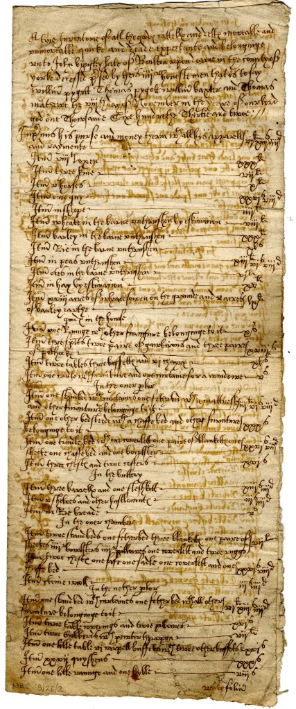 A historical 17th-century probate inventory document detailing the possessions of John Bingley from Bolton upon Dearne.