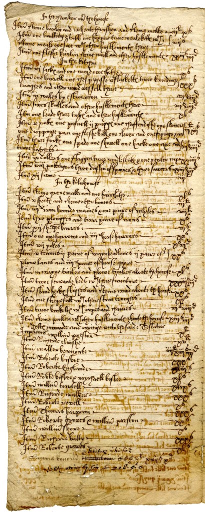 A 17th-century probate inventory document detailing household items and livestock belonging to John Bingley of Bolton upon Dearne.