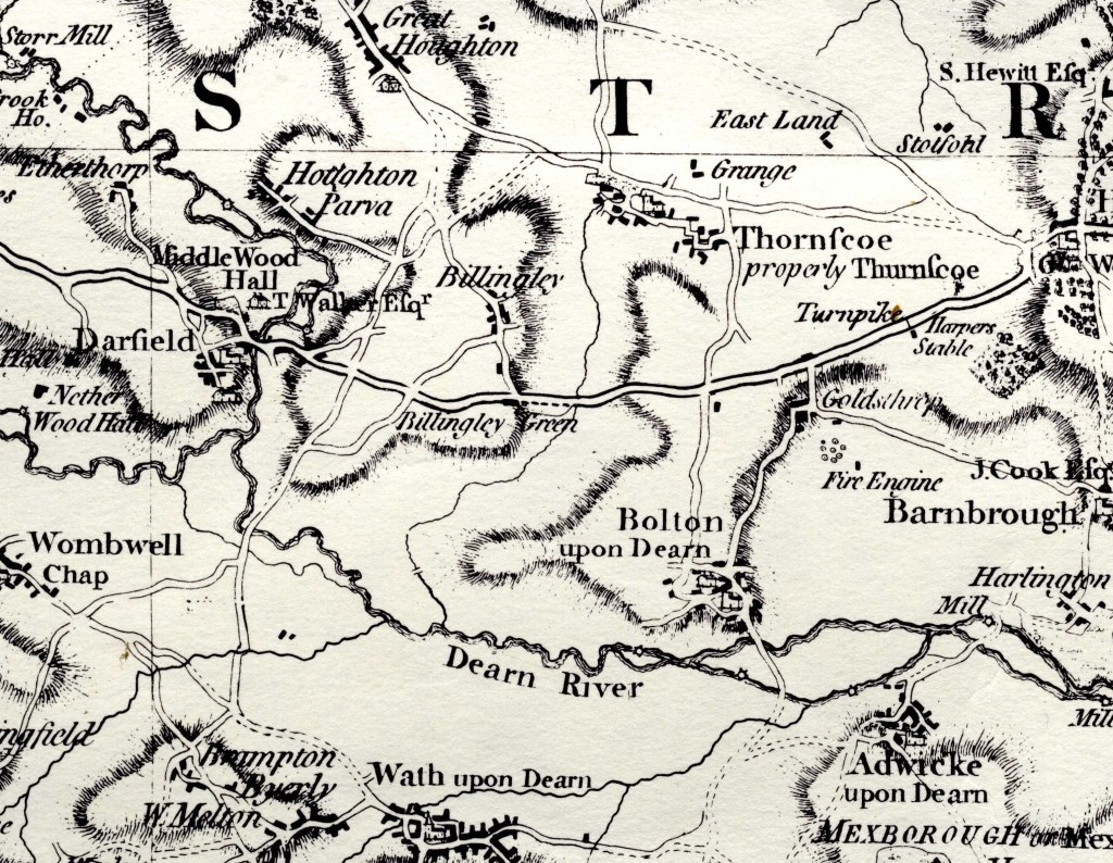 Historical map depicting the area around Bolton upon Dearne, highlighting various locations such as Darfield, Barnbrough, and Wath upon Dearne.