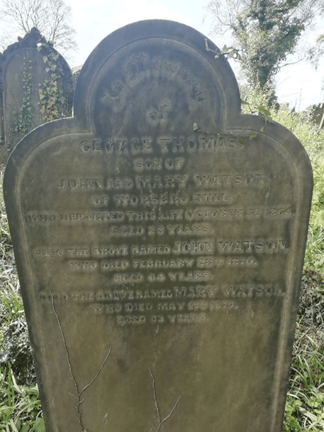 Gravestone of George Thomas Watson, son of John and Mary Watson of Worsbrough Mill, detailing his death on October 31, 1864, aged 29, along with the names and dates of his parents' deaths.