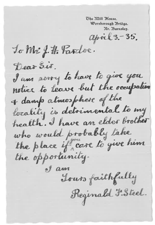 A handwritten letter from Reginald F. Steel dated April 3, 1935, notifying Mr. J.H. Pardoe about his intention to leave due to health concerns related to the damp atmosphere in Worsbrough Mill.