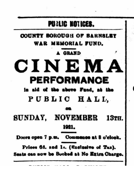 Public notice advertisement for a cinema performance supporting the Barnsley War Memorial Fund, dated November 13, 1921, featuring event details, ticket prices, and venue information.