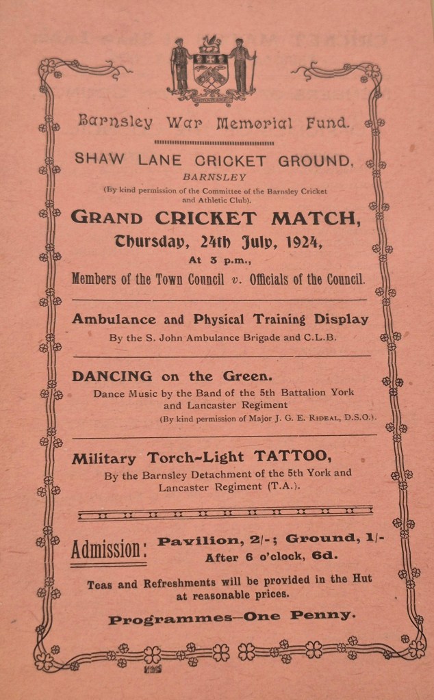 A historical document promoting a Grand Cricket Match held on 24th July 1924 at Shaw Lane Cricket Ground in Barnsley, featuring various events including a display by the St. John Ambulance Brigade and dance music by a regiment's band.