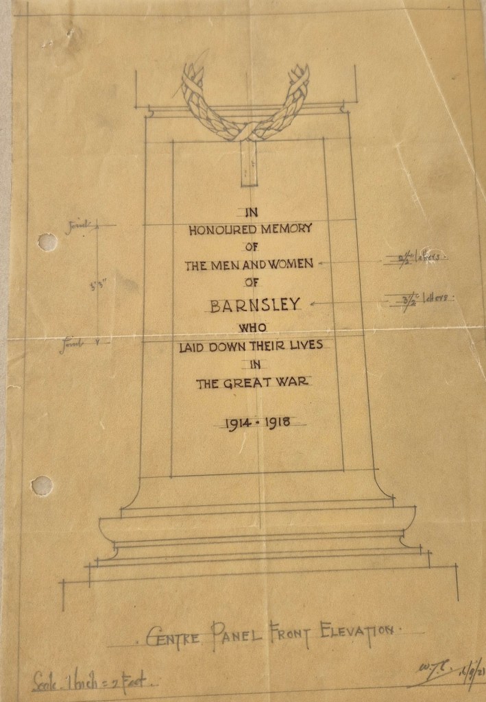 A historical drawing of the Barnsley War Memorial, featuring an engraving that honors the men and women of Barnsley who laid down their lives in the Great War, 1914-1918.