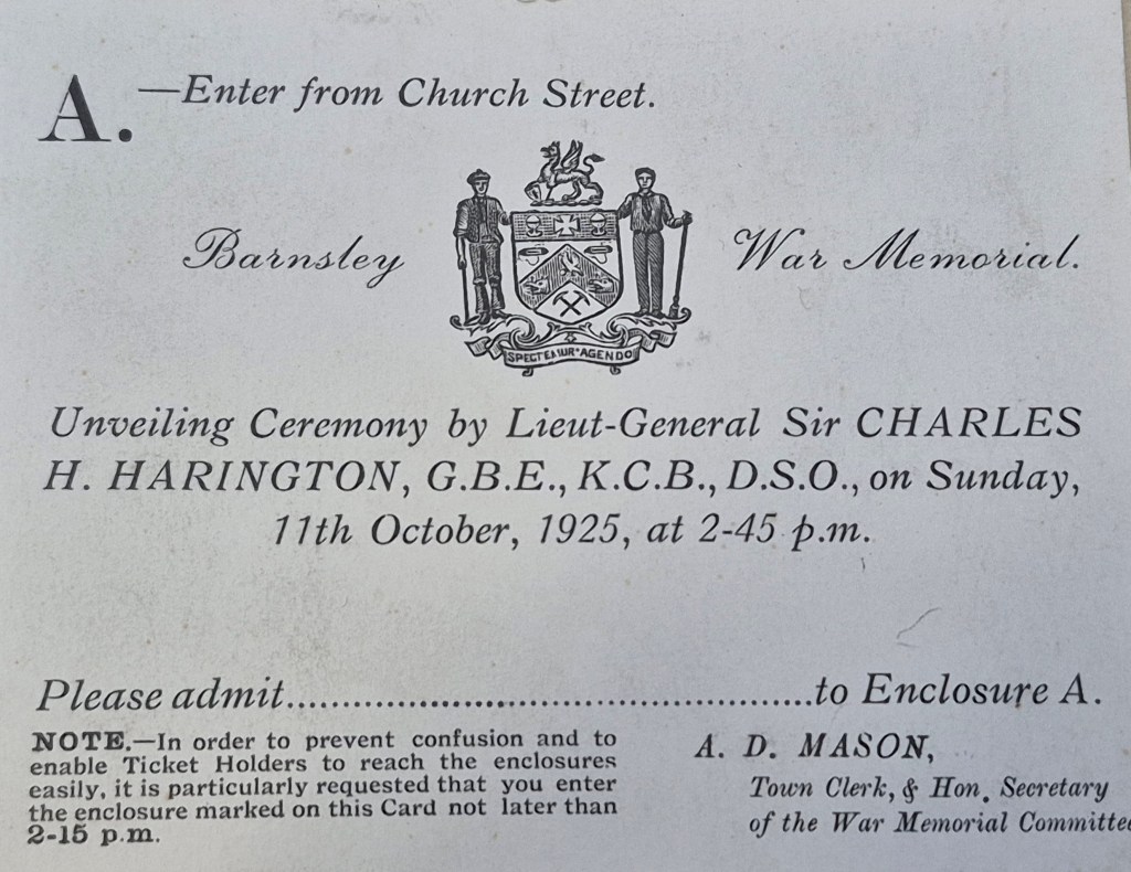 A ticket for the unveiling ceremony of the Barnsley War Memorial, featuring the date, time, and details of the event alongside the coat of arms.