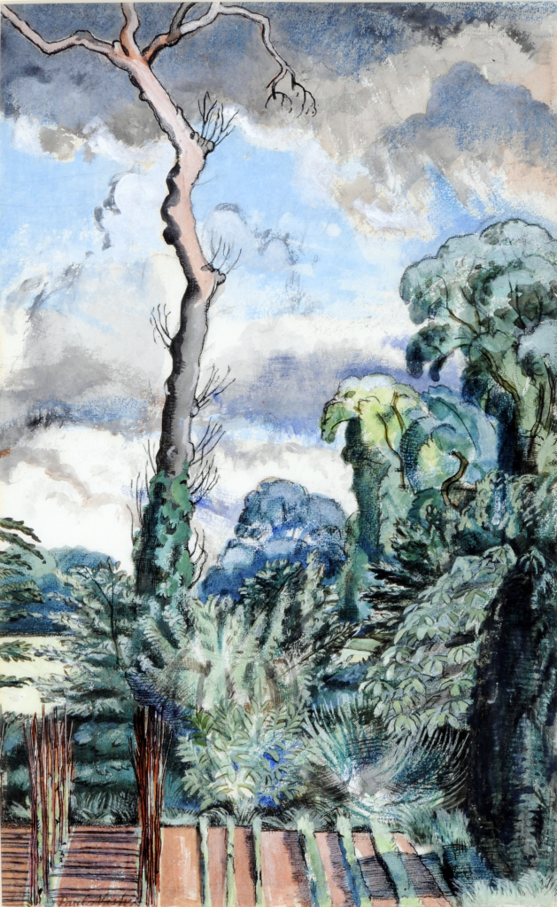 A colourful watercolour painting depicting a natural landscape with trees, foliage, and an expressive sky.