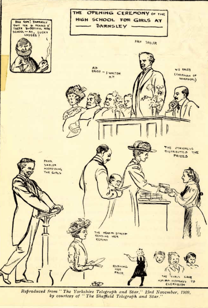 A historical illustration depicting the opening ceremony of the High School for Girls in Barnsley, featuring various individuals including Professor Sadler addressing the students and award presentations.