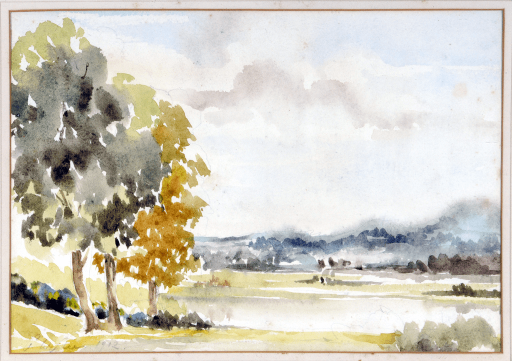 Watercolor painting depicting a serene landscape with trees in the foreground and rolling hills in the background under a cloudy sky.
