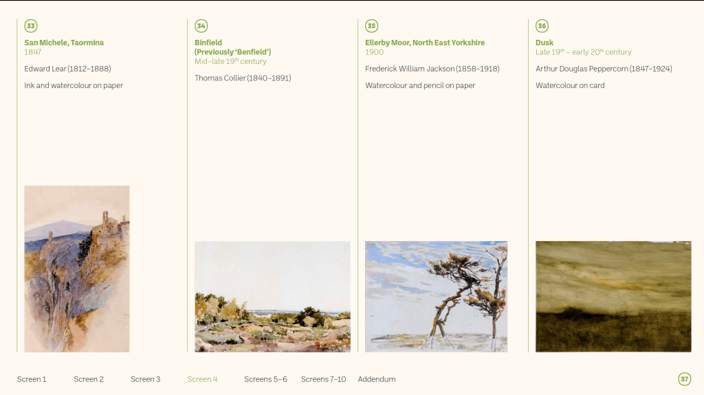 A digital catalogue displaying artworks, including 'San Michele, Taormina' by Edward Lear, 'Binfield' by Thomas Collier, 'Ellerby Moor, North East Yorkshire' by Frederick William Jackson, and 'Dusk' by Arthur Douglas Peppercorn, along with their details.