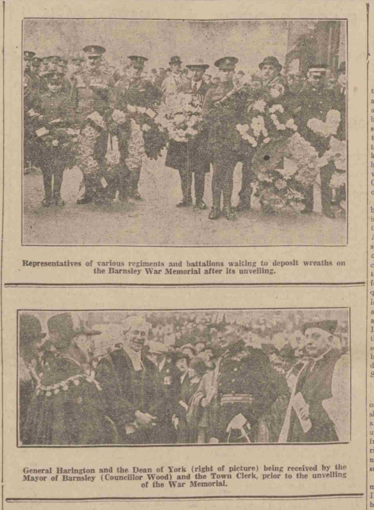 Historical photograph of representatives from various military regiments holding wreaths, gathered for the unveiling of the Barnsley War Memorial.