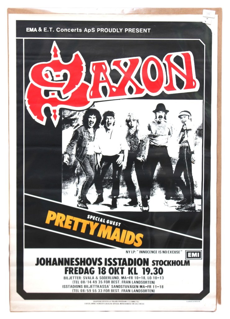 A vintage concert poster featuring the heavy metal band Saxon, with special guest Pretty Maids, announcing a performance at Johanneshovs Isstadion in Stockholm on 18th October. The design includes bold, stylised fonts and black and white imagery of the band.