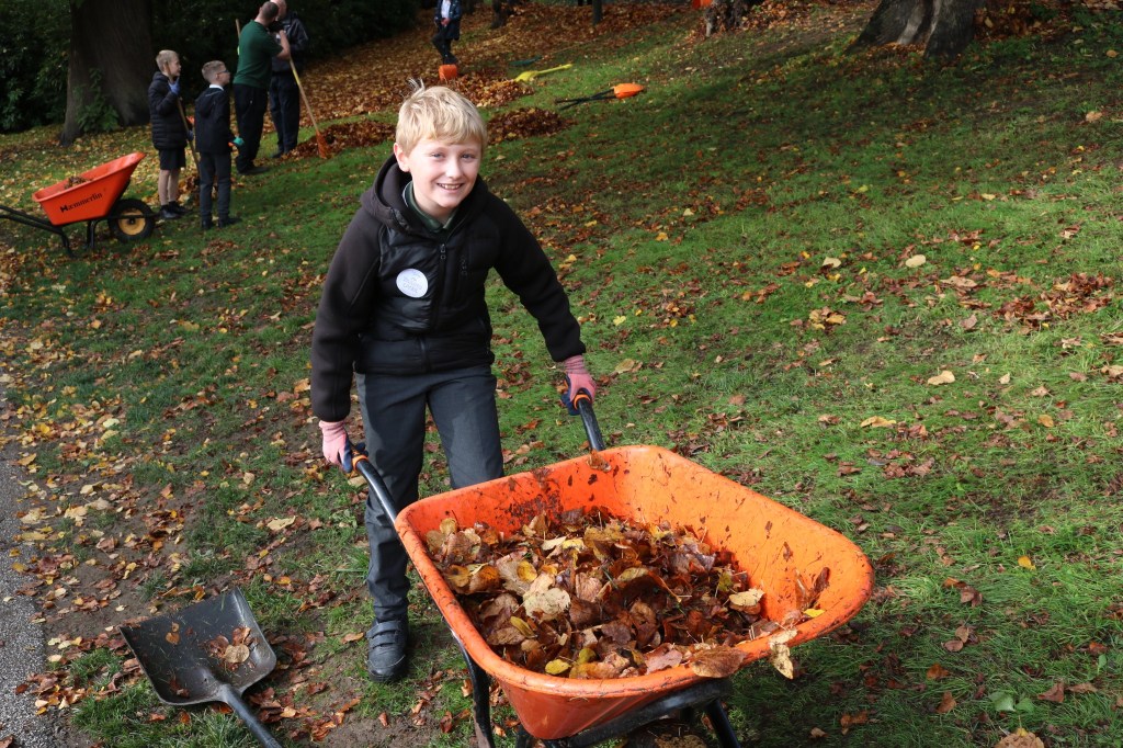 A young boy smiling while pushing a wheelbarrow filled with leaves in a grassy park during autumn cleanup. Other children and adults are visible in the background.