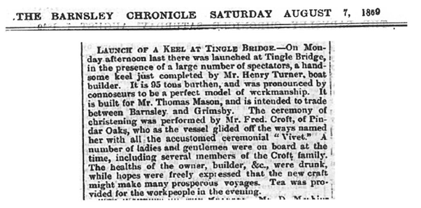 An article from The Barnsley Chronicle, dated August 7, 1869, detailing the launch of a keel at Tingle Bridge, mentioning the builder Mr. Henry Turner and the christening ceremony performed by Mr. Fred Croft.