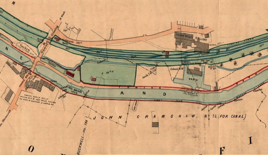 Historical map of a canal area, showing locks, gardens, and nearby industrial buildings such as Hemingfield Colliery.