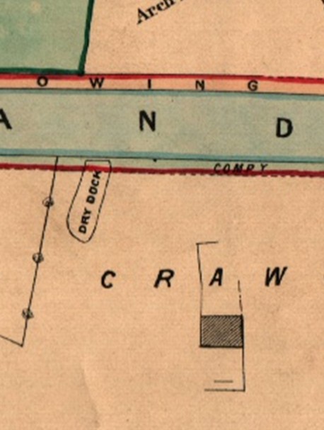 A historical map section showing land and water features, including labels such as 'Dry Dock' and 'Craw'.
