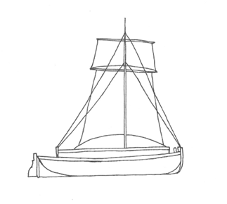 A simple line drawing of a sailing boat with a single mast and sail.