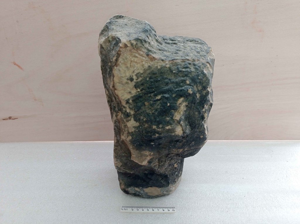 A rough, irregularly shaped rock with a dark green and light beige surface, placed on a flat surface beside a ruler for scale.